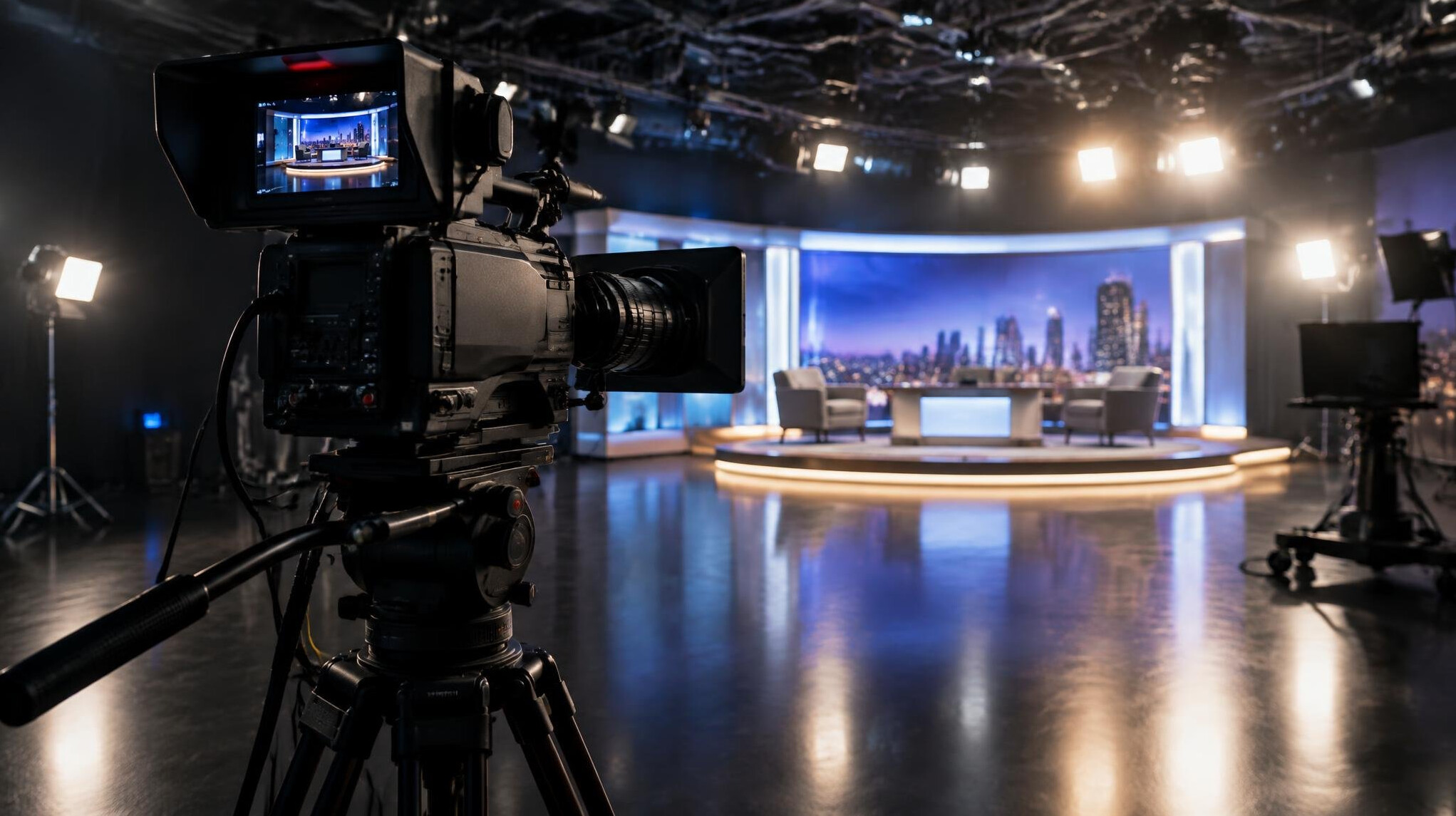 Professional broadcast camera on a studio floor