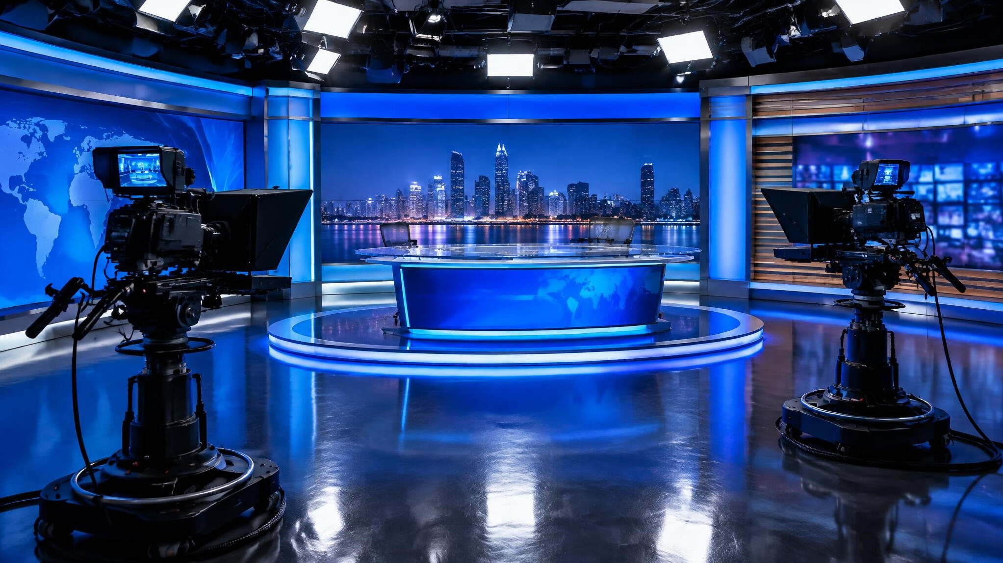 Professional television studio with cameras and lights